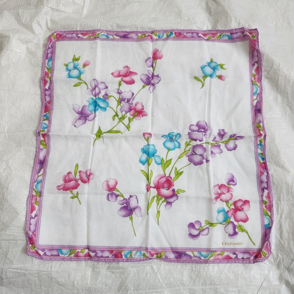 LEONARD PARIS Silk Handkerchief Vintage Floral Scarf Pink Purple Blue Hand Roll